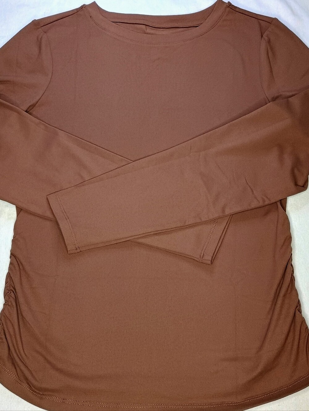 Women's Brown Crewneck Ruched Sides Top Tee Chocolate Medium Soft